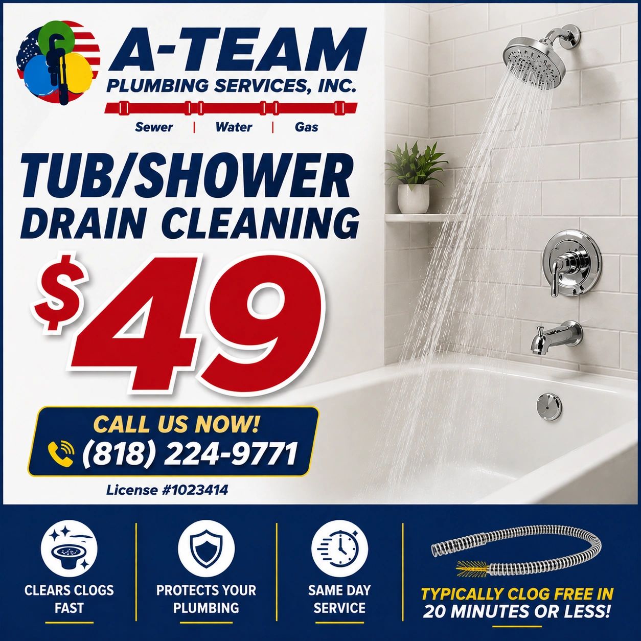 Tub/Shower Drain Cleaning $49 — A-Team Plumbing Services
